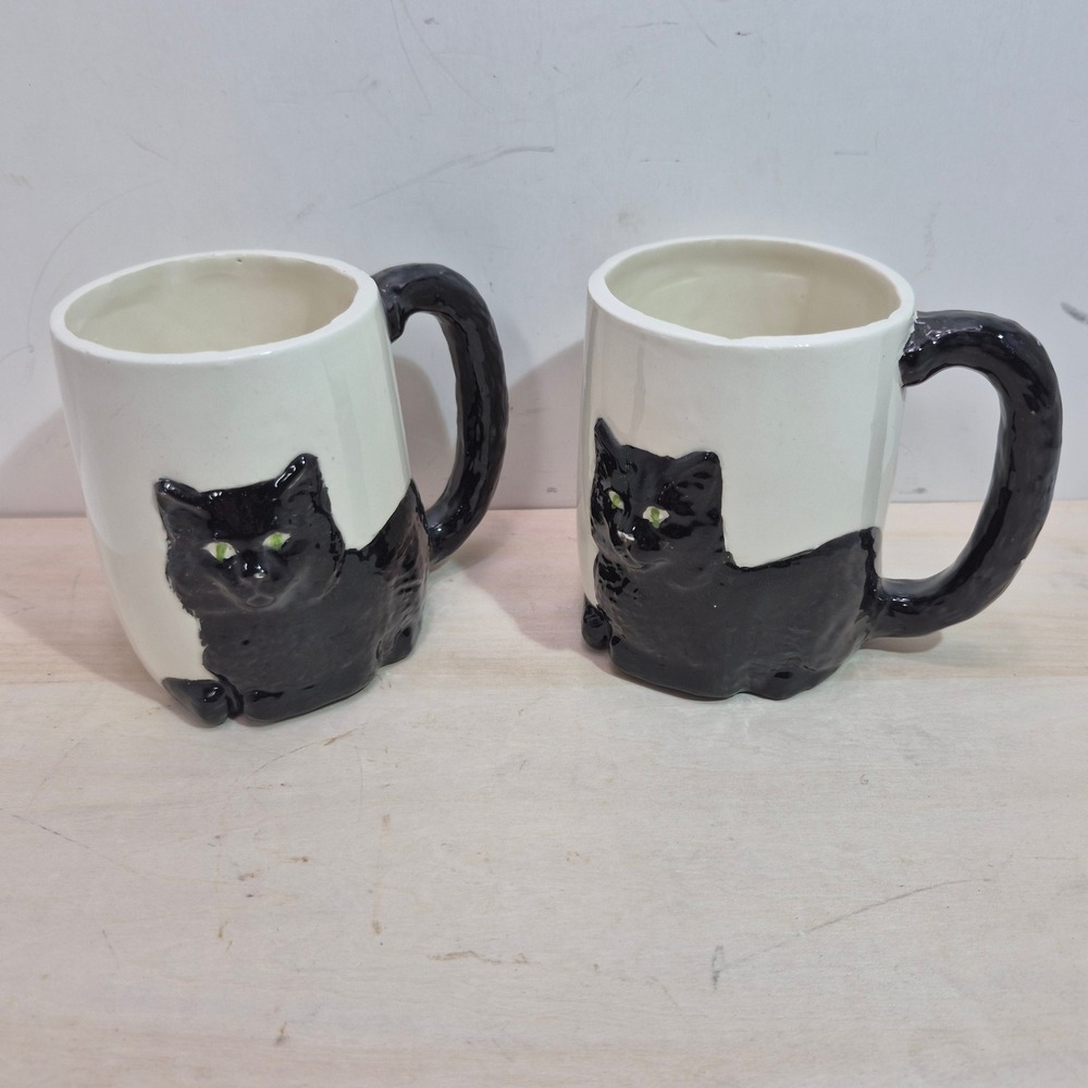 Handcrafted 3D Black Cat Ceramic Coffee Mug Set White Green Eyes 4 Inch